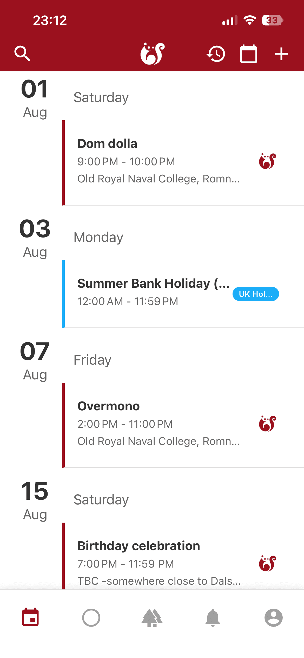 Calendar list screenshot